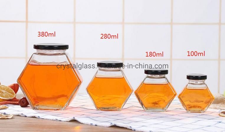 Clear Flat Hexagon Honey Glass Jam Jar with Metal/Wooden Lid 180ml 280ml 380ml