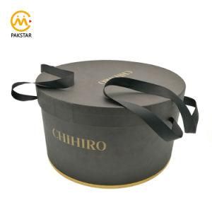 Custom Extra Large Size Black Cardboard Round Hat Packaging Box with Handle