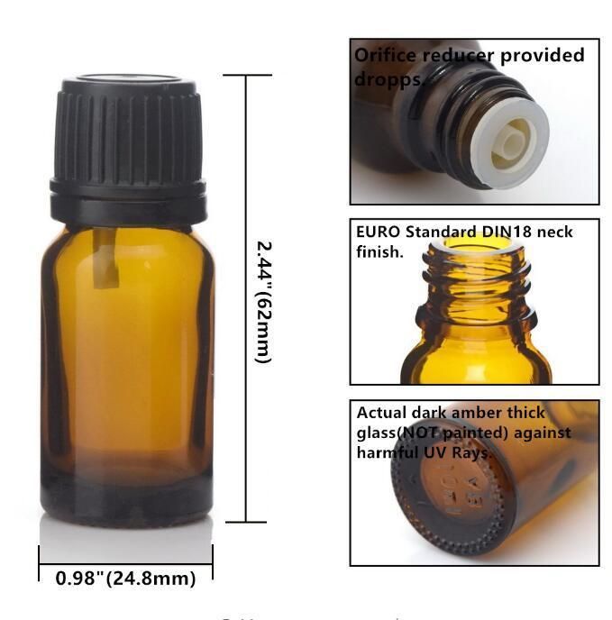 1/3 Oz 10ml Amber Glass Bottles W/ Euro Dropper Orifice Reducer Black Tamper Evident Cap for Essential Oil Aromatherapy