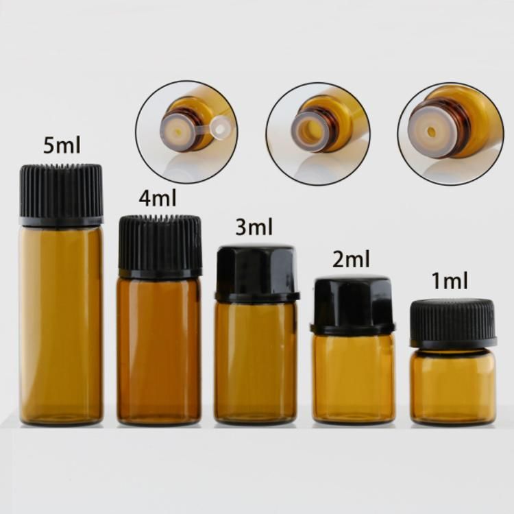 1ml 2ml 3ml 5ml Mini Amber Glass Vials with Black Lids for Perfume Serm Liquid Medicine Packaging