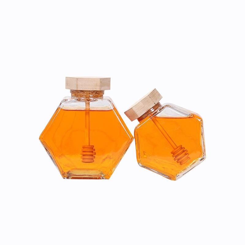 220ml 380ml Flat Hexagon Food Jar Honey Glass Jar with Bamboo Lid Dipper