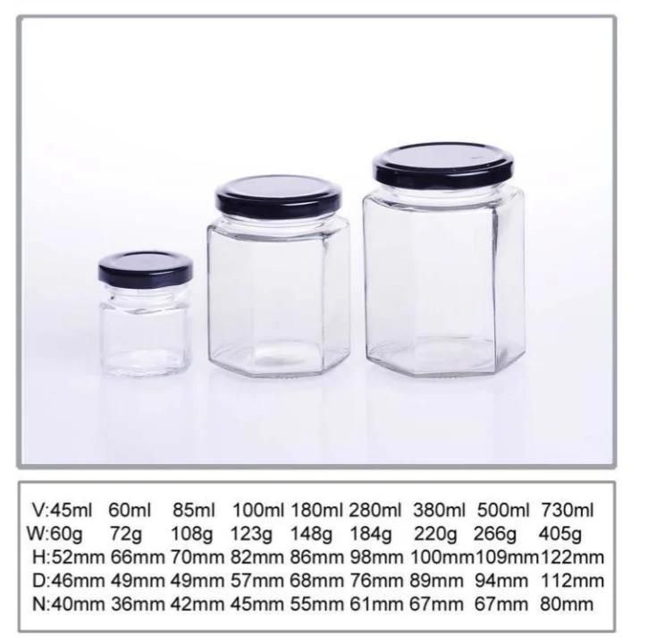 180ml 280ml 380ml Hexagonal Glass Honey Food Jar with Lid