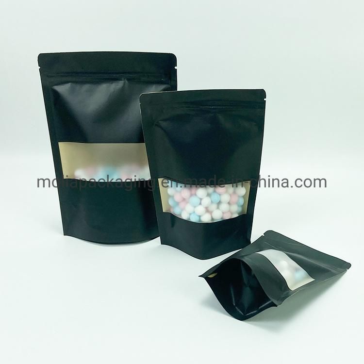 Kraft Black Paper Stand up Sealing Bags Food Grade with Zipper and Tear Notches/Clear Window