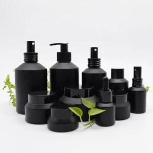 High End Frosted Matte Black Cosmetic 200ml Glass Bottle Pump Bottle for Lotion Serum Cream Full Set