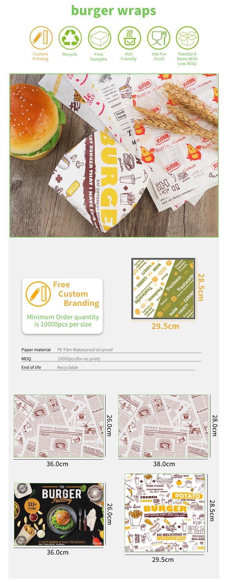 Food Wrapping Paper Packaging, Burger Wrapping Paper, Custom Printed Grease Proof Mg White Sandwich Paper Packaged