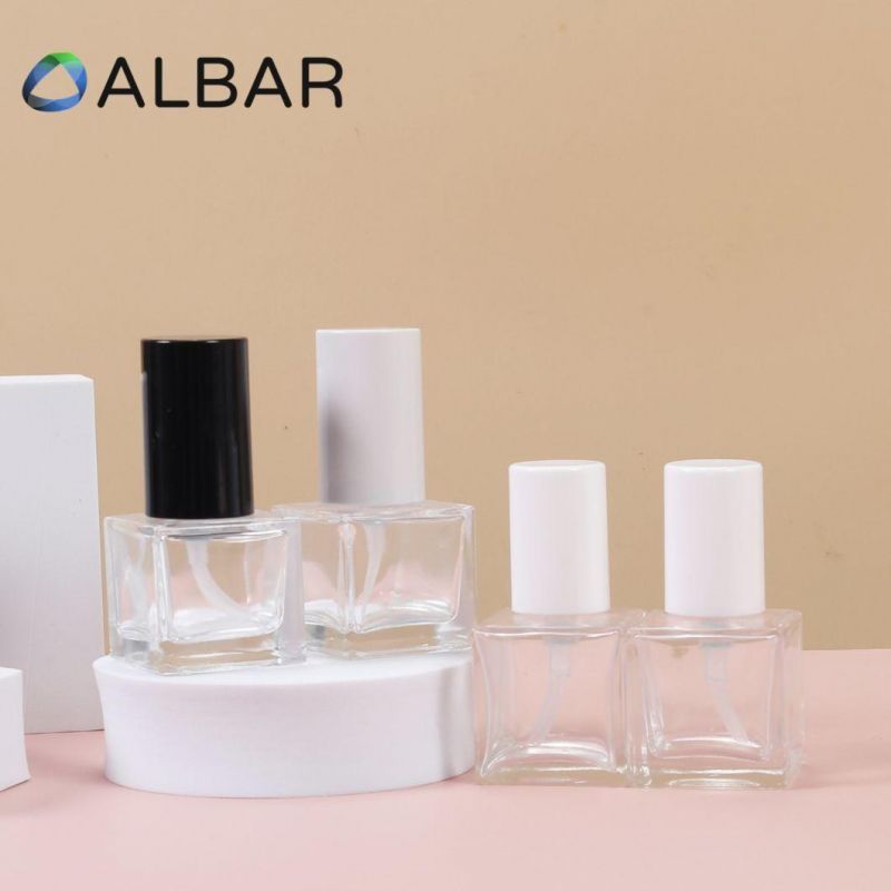 30ml 50ml Mini Glass Bottles in White and Black Pumps in Cubic Clear Polished Customization