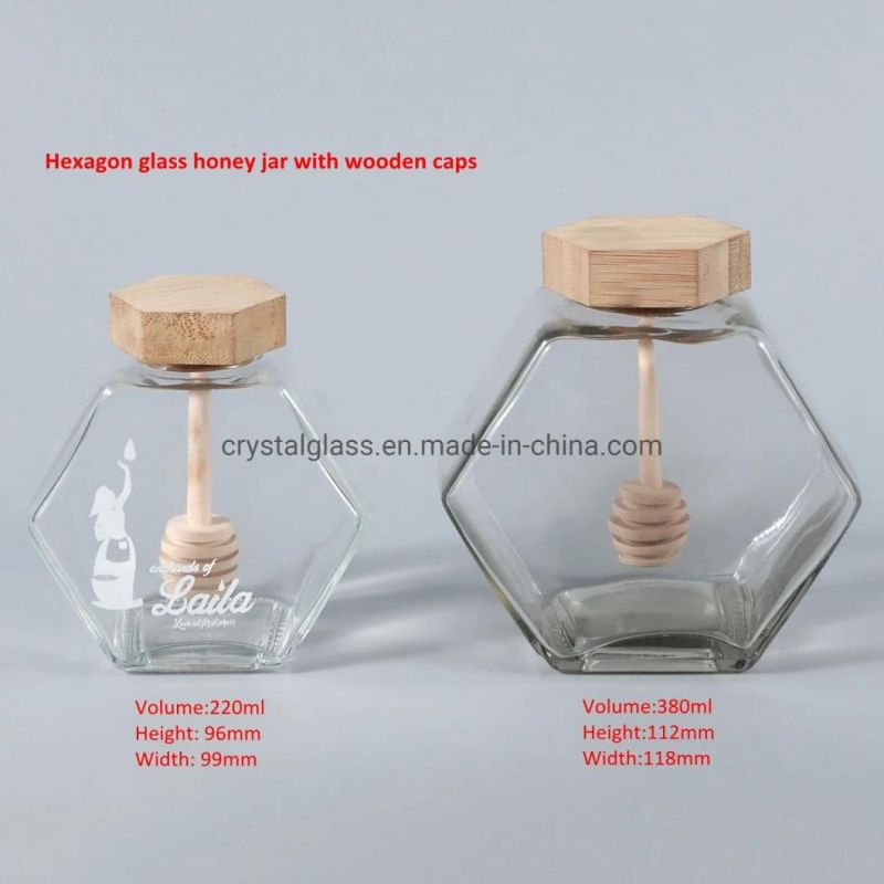 150g 250g 500g Bee Honey Packaging Hexagon Jar Type with Wooden Dipper