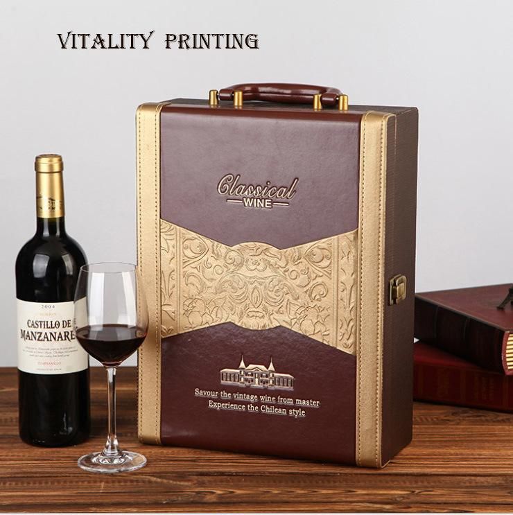 Custom Wholesale Rigid Wooden / PU Leather /Carboard Luxury Hand Carry Lock Display Christmas Wine Liquor Barware Storage Bottle Gift Packing Box