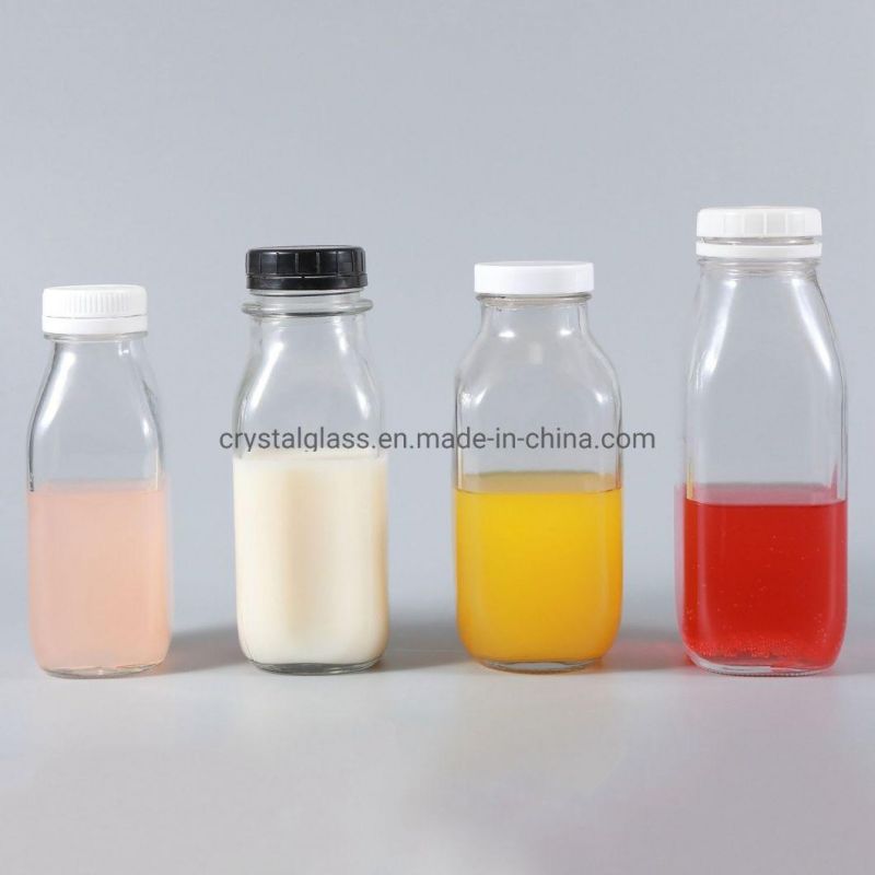 200ml 250ml 300ml 500ml Clear Square Glass Milk Juice Bottle with Cap for Cold Coffee