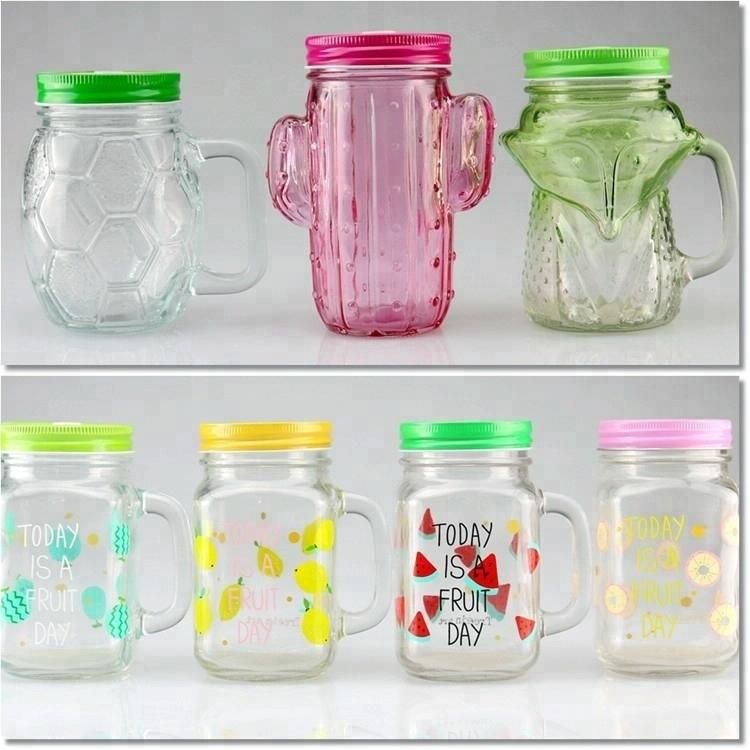 15oz Wholesale Cactus Decoration Colors Glass Mason Jar with Handle for Beer Juice Water Drinking Mugs