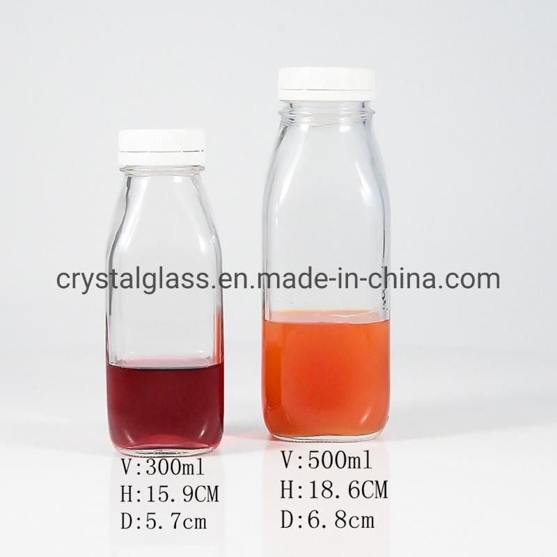 Empty 300ml Glass Juice Bottle for Water Square Milk Glass Bottle