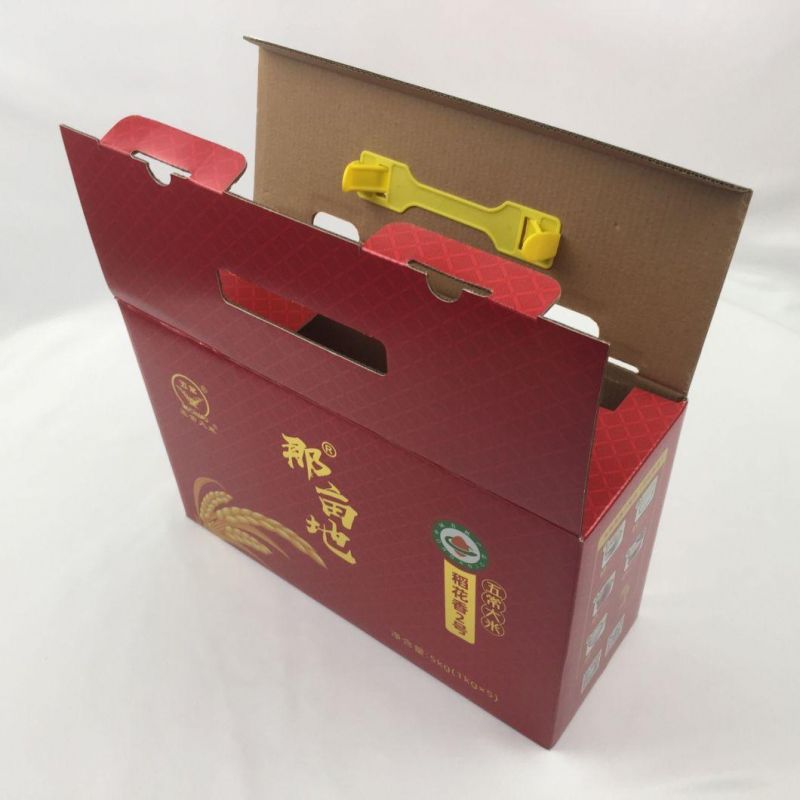 Good Quality Custom Full Color Printed Portable Corrugated Box with Plastic Handle for Food