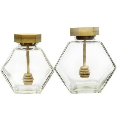 250g 500g Clear Empty Storage Hexagon Honey Glass Bottle with Wooden Cap and Dipper
