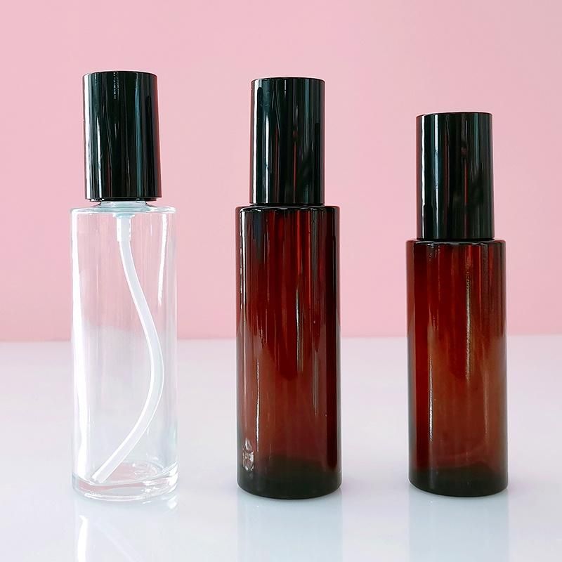 Flat Shoulder 60ml 80ml Cosmetic Amber Cylinder Glass Spray Bottle