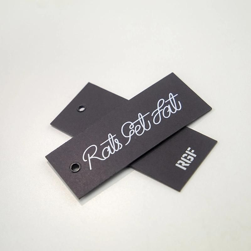 High Quality Black Kraft Paper Printed Silver Logo Brand Name Double Hangtag