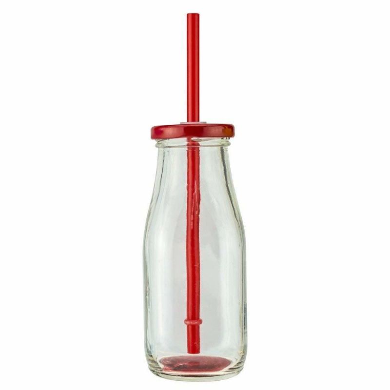 300ml Glass Milk Bottle Square-Round Tinplate Lid and Straw