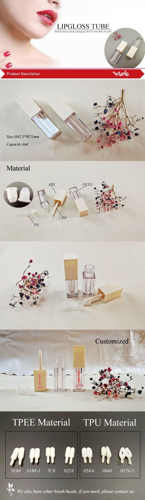 4ml Square Empty Lip Gloss Tubes Container with Customized Logo