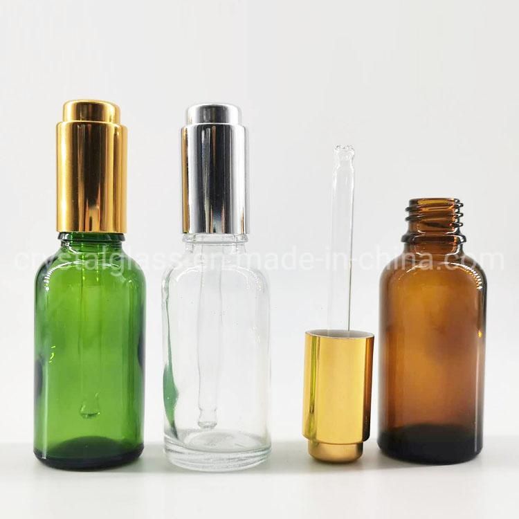 30ml Amber Clear Blue Glass Press Pump Dropper Bottles for Essential Oil Cosmetics Packaging