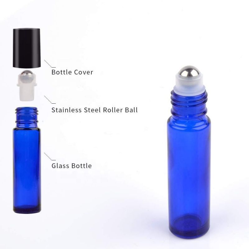 Perfume Essential Oil Packaging 5ml 10ml Brown Transparent Clear Amber Blue Cosmetic Roll on Glass Roller Bottle with Roller Ball Black Plastic Cap