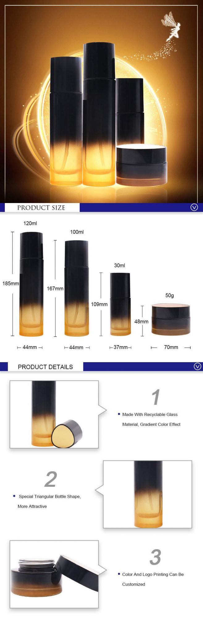 Triangular Cosmetic Packaging and Container Lotion Pump Bottles Glass Serum Bottle Wholesale 30ml 100ml 120ml