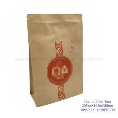 Custom Printing Flat Bottom Heat Seal One Way Valve Packaging Kraft Aluminum Foil Bag for Packing Coffee Bag