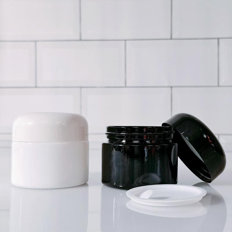 Cosmetic Packaging Container 20g 30g 50g Black Body Scrub Face Body Cream Glass Jar with Wood Grain Plastic Lids