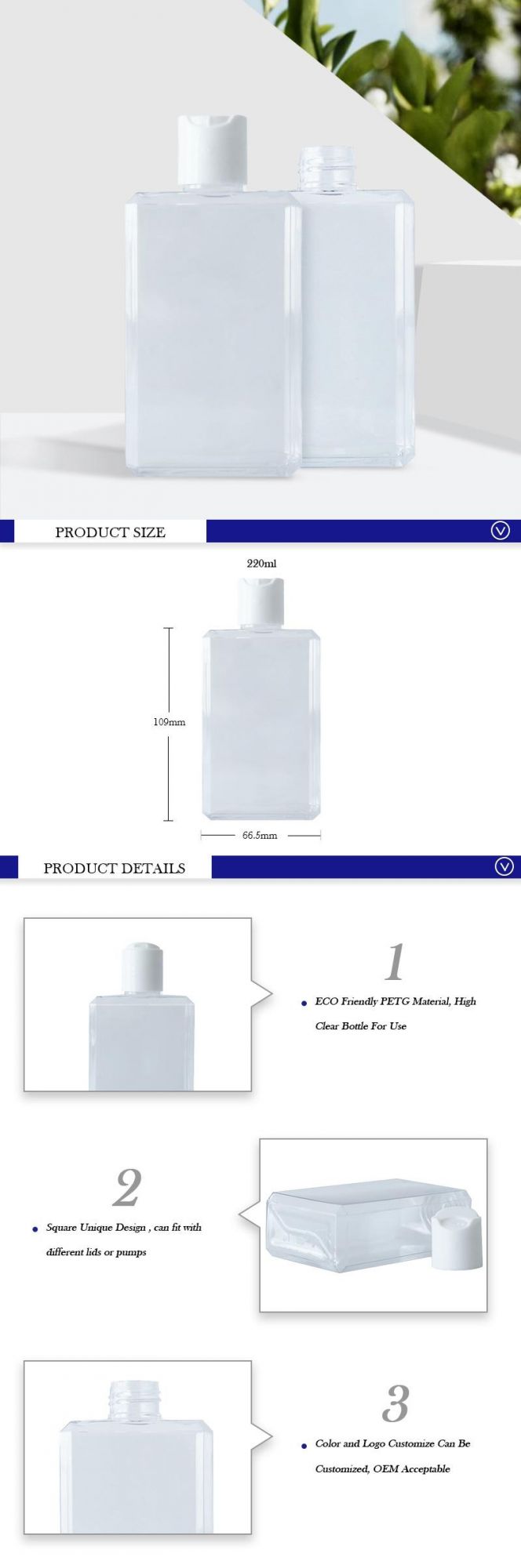 Best Sell China Factory Transparent 220ml Square Shampoo Matt Frosted Bottle with Disc Cover