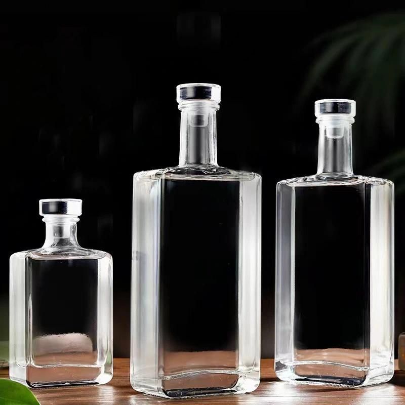 Square 100ml 200ml 500ml Glass Spirit Bottle with Rubber Stopper for Beverage