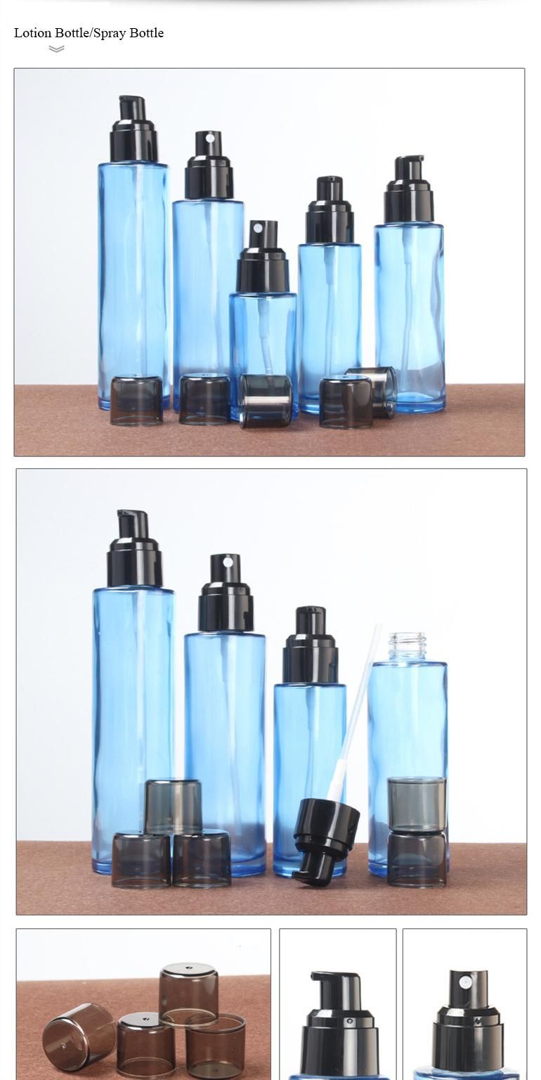 Blue Black Pump Lotion Bottle Glass Spray Bottle Cosmetic Jar