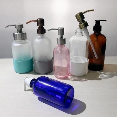 Supplier Boston Round 500ml 16oz Clear Hand Wash Shampoo Dispenser Soap Pump Glass Bottle with Silicone Sleeve