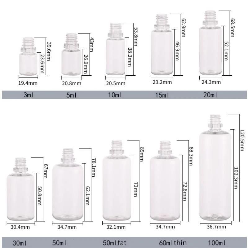 Factory Customized 5ml 10ml 15ml 20ml 30ml 50ml 60ml 100ml Transparent Pet Plastic E-Liquid Bottle Pigment Bottle Eye Dropper Bottle