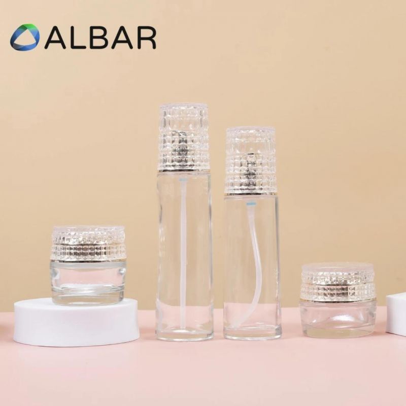 100ml 120ml Flat Shoulder Lotion Set Glass Bottles with Cream Jar 30g 50g with Cover Lids