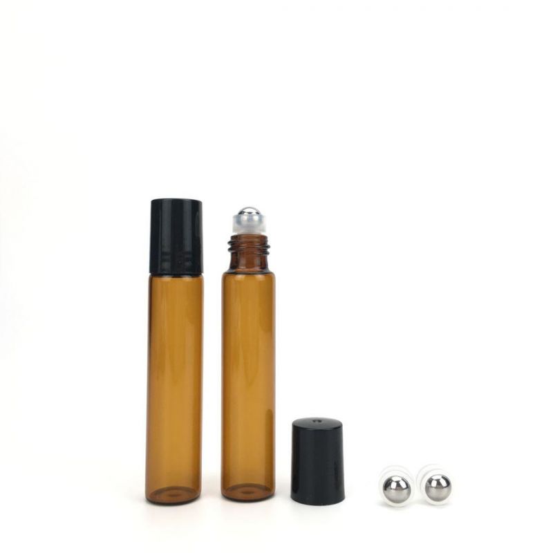 Perfume Essential Oil Packaging 5ml 10ml Brown Transparent Clear Amber Blue Cosmetic Roll on Glass Roller Bottle with Roller Ball Black Plastic Cap