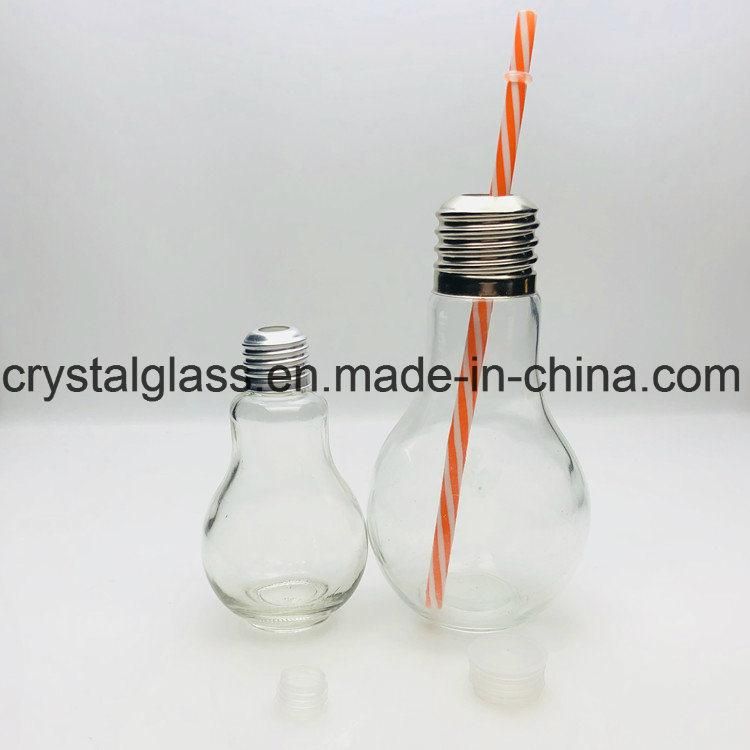 400ml Lamp Bulb Shape Clear Beverage Glass Straw Bottle with Cap