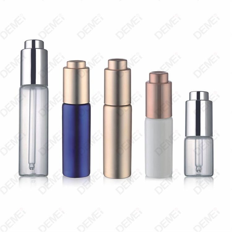 10ml-40ml Wholesale Cosmetic Packaging D27.5mm Stright Round Clear and Amber Serum Essential Oil Tube Glass Bottle with Gold Aluminum Press Button Dropper Cap