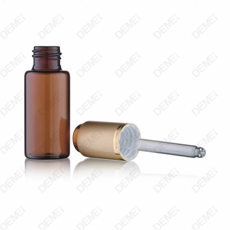 10ml-40ml Wholesale Cosmetic Packaging Stright Round Clear and Amber Serum Essential Oil Tube Glass Bottle with Gold Aluminum Press Button Dropper Cap