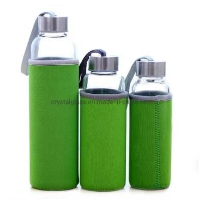 300ml 500ml 750ml BPA Free Stainless steel Lid Custom Logo Glass Water Bottle with Nylon Sleeve