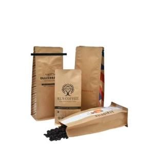 Biodegradable Stand up Kraft Paper Flat Bottom Box Pouch Quad Seal Bags