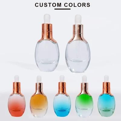 Custom Serum Essence Bottle 15ml 30ml 50ml Flat Oval Luxury Facial Glass Dropper Skincare Bottles with Plug