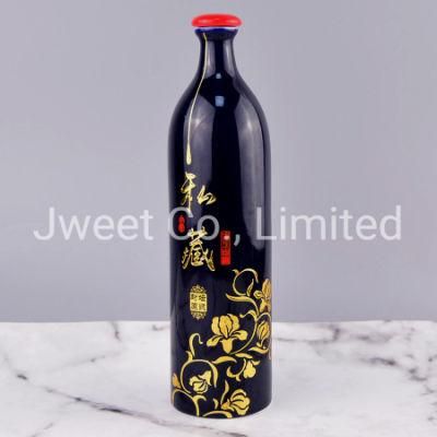 Custom Gold Decal Printing 500ml Black Ceramic Vodka Bottle