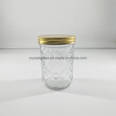 250ml 350ml Grid Pattern Glass Food Storage Mason Jar with Aluminium Lids