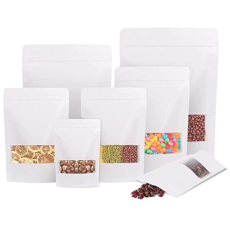 Doypack Kraft Window Type White Kraft Paper Bag Aluminum Foil Inside Zip Lock Stand up Pouches for Date Nuts Snacks Packaging