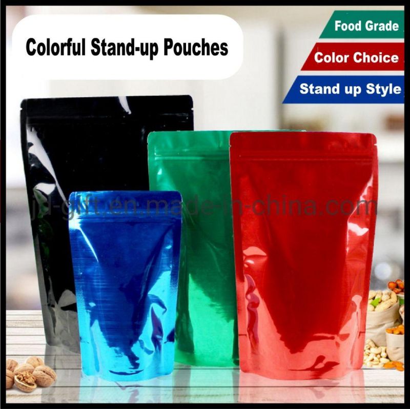 Metallic Black Red Blue Stand up Bag with with Reusable Zipper-Clear/Silver for Snack. Cookie Dried Foods Package