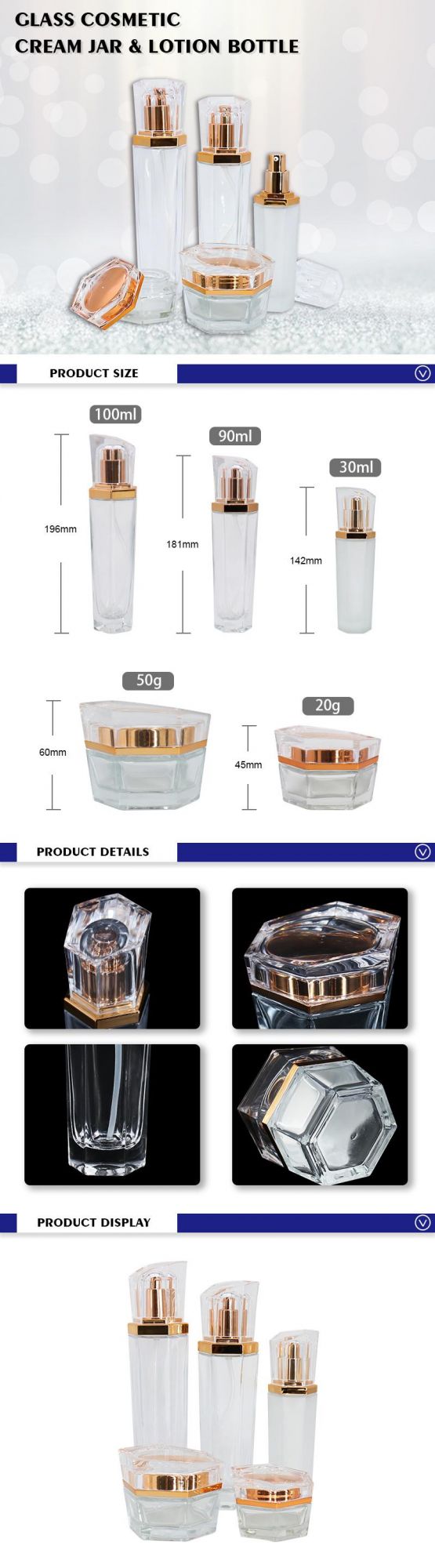 Wholesale Empty Luxury Glass Bottle and Jar Set Transparent Cosmetic Skincare Packaging Lotion Bottle