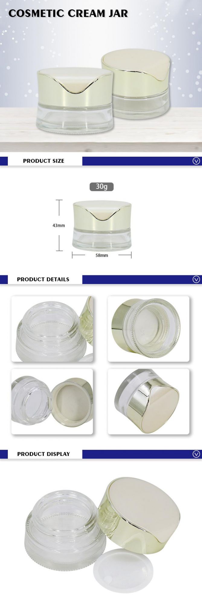 Best Selling Luxury Cosmetic Delicate Appearance Packaging Glass Cream Jar with Gold Cover