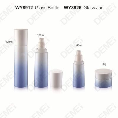 40ml 100ml 120ml Gradient Blue Color Glass Cosmetic Packaging with Lotion Pump and White Cap for Personal Care