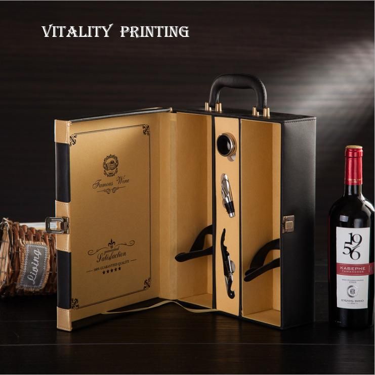 Custom Wholesale Embossed Handle Portable Hot Stamping Heat Transfer Wooden PU Leather Wine Gift Packaging Rum Brandy Gin Vermouth Whisky Liquor Packing Box