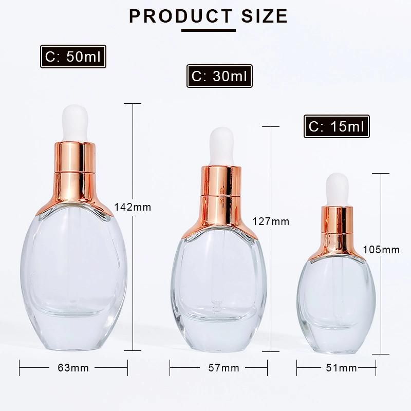 Custom Serum Essence Bottle 15ml 30ml 50ml Flat Oval Luxury Facial Glass Dropper Skincare Bottles with Plug