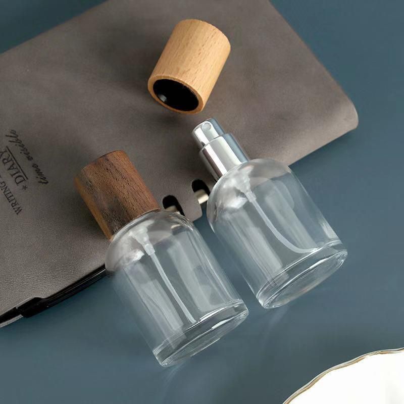 Custom Logo 30ml 50ml Glass Spray Bottle Crimping Neck Perfume Bottle with Wooden Cap