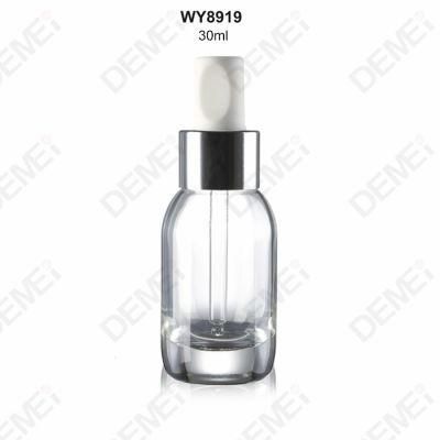 30ml Cosmetic Packaging Round Shoulder Glass Dropper Bottles with Silver Aluminum Speical Shape Rubber Pipette Dropper Cap